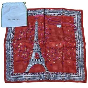 Longchamp Silk Scarf Eiffel Tower Red With Branded Storage Pouch Made in Italy